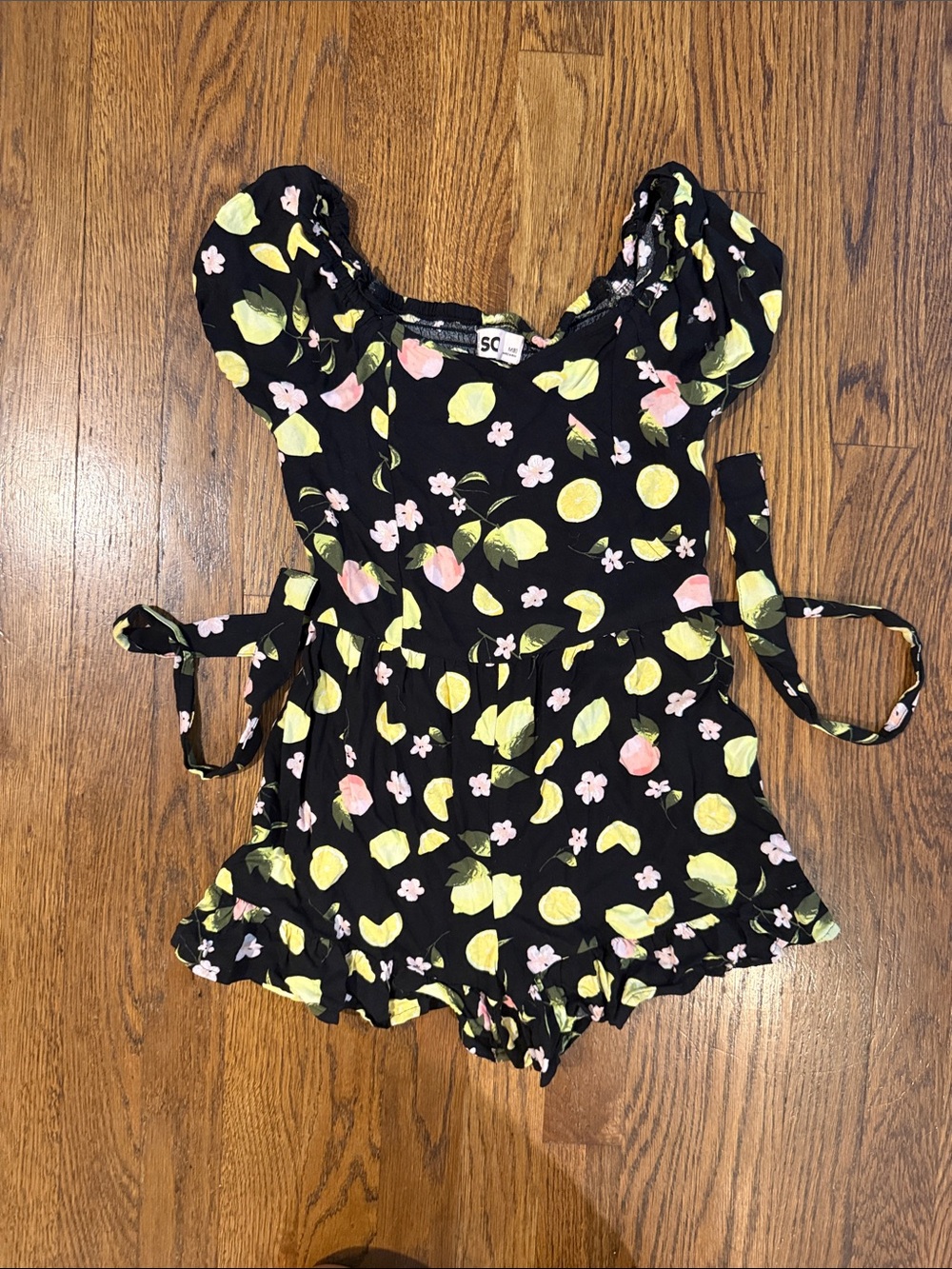 Girls Black Floral Lemon Print Romper